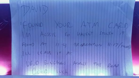 Note left at ATM in Ubud - Bali Holiday Secrets